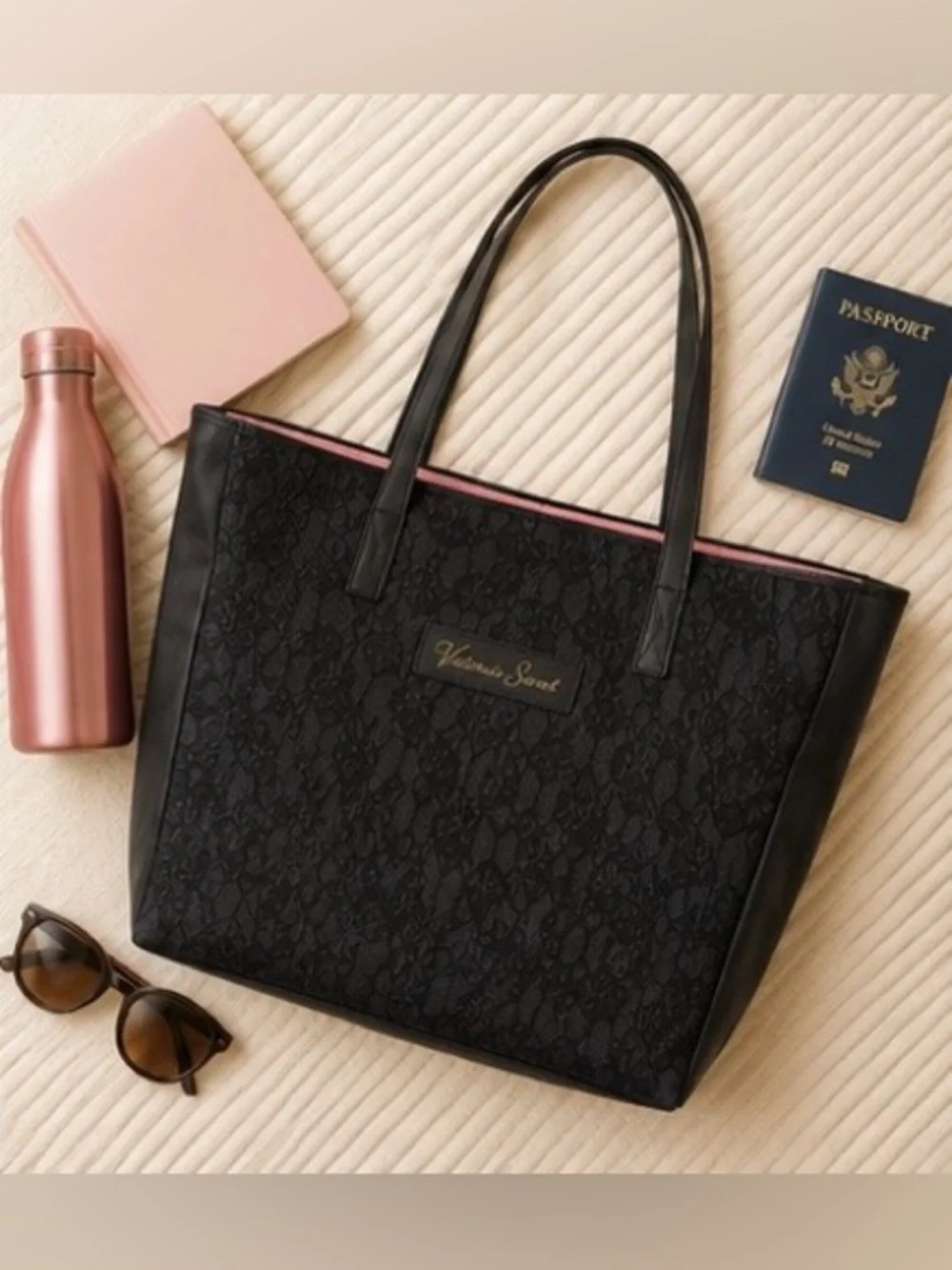 Victoria’s Secret Black Lace Tote Travel Bag Pink Lining Large